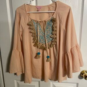 Lilly Pulitzer Shandy Top Sandstone Orange 3/4 Bell Sleeve Tassels Gauze Boho S